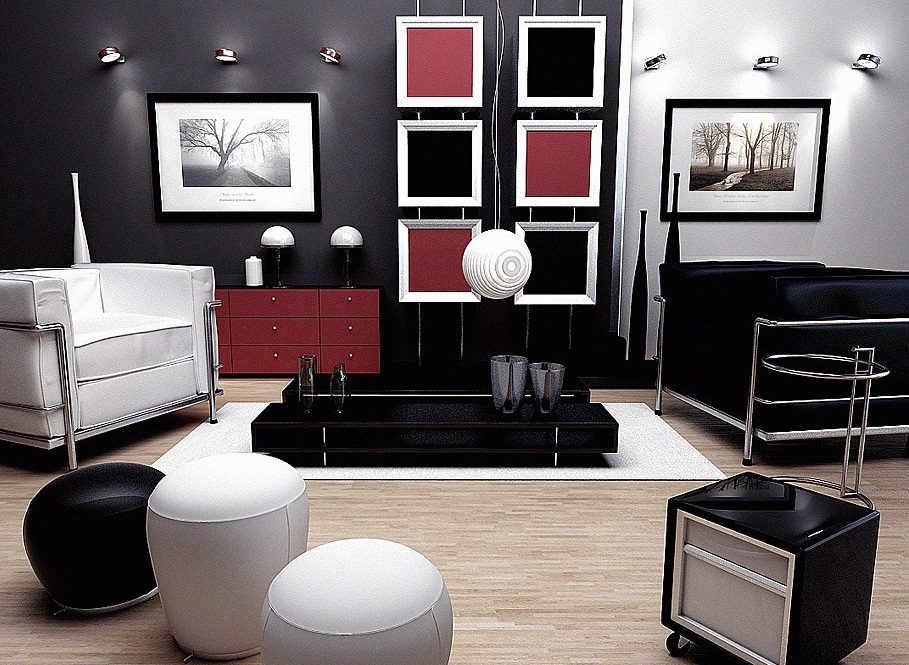 Salón en negro, rojo y blanco